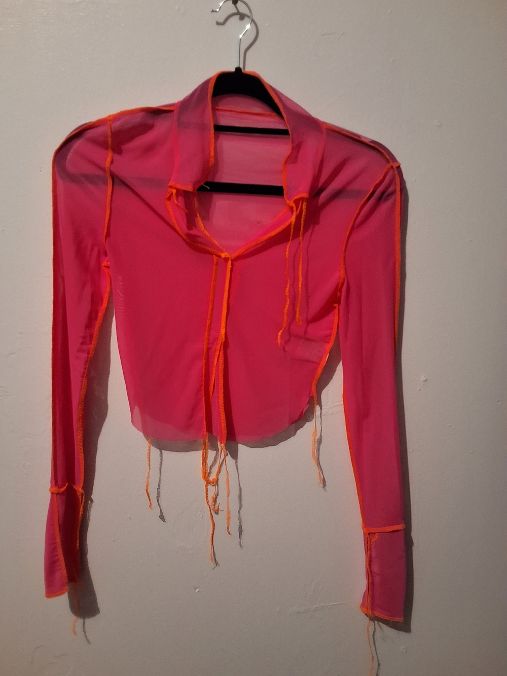 Sheer Pink Cropped Tie-Front Top with Orange Trim